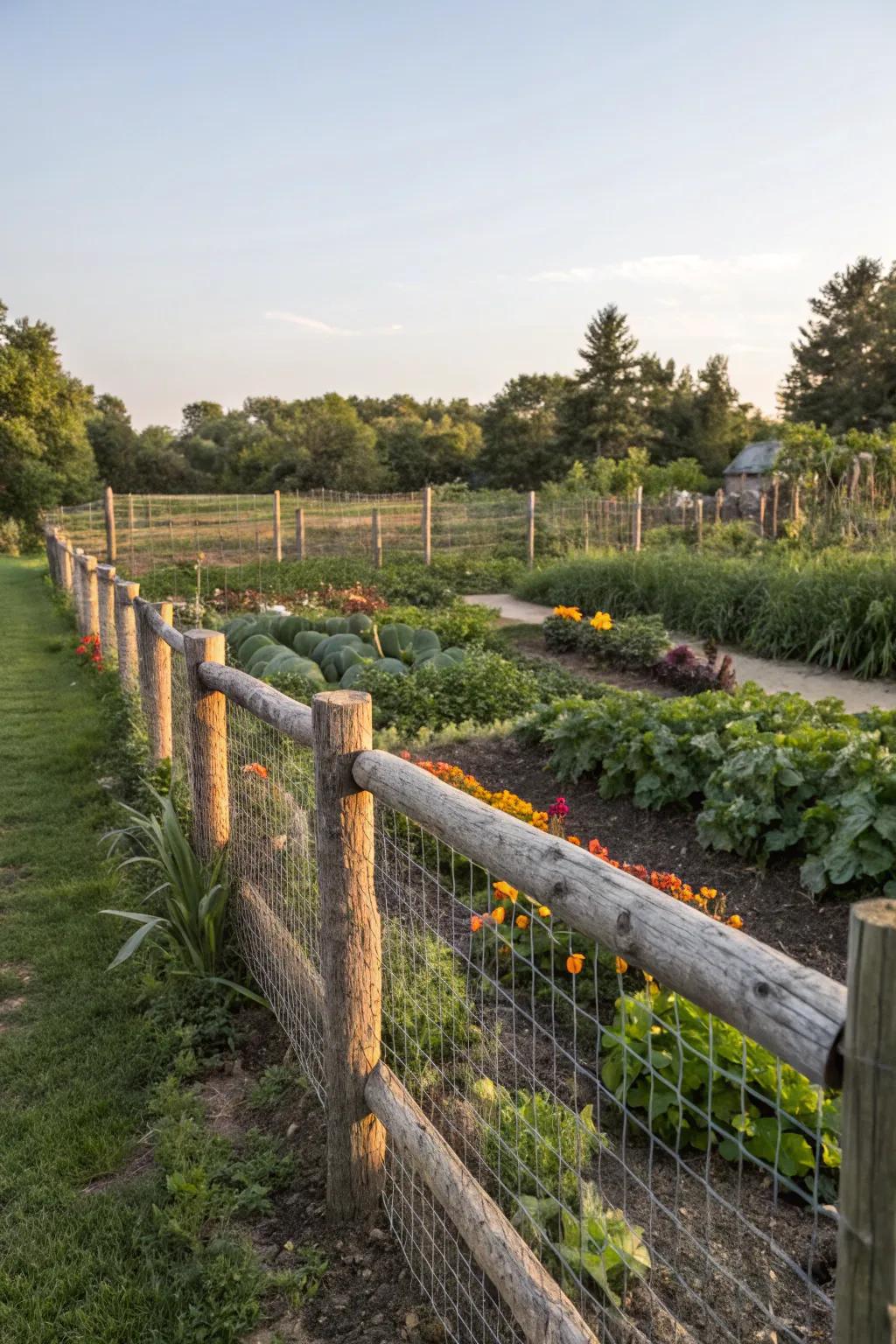 A timber barrier with wire netting protects a flourishing vegetable garden from wildlife.