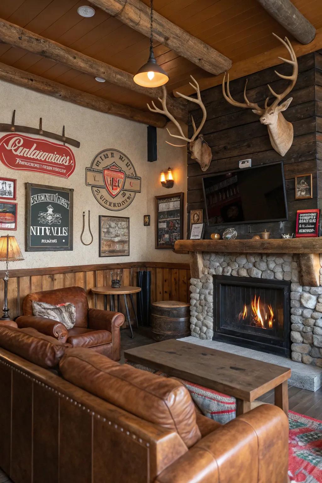 Rustic decor, including antlers and vintage boards, infuses character into this man cave.