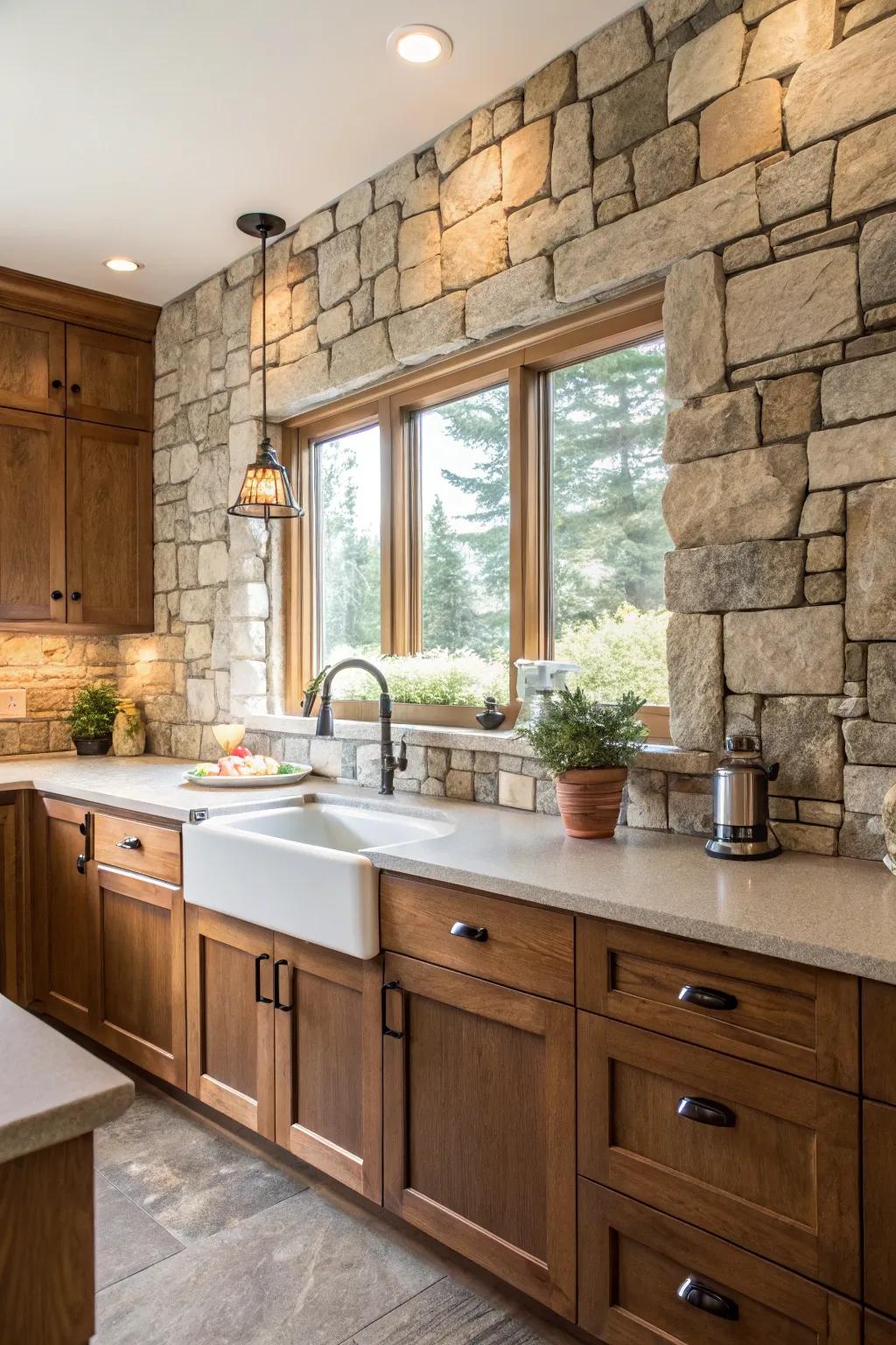 Stone back panels introduce a rustic charm to the contemporary kitchen.