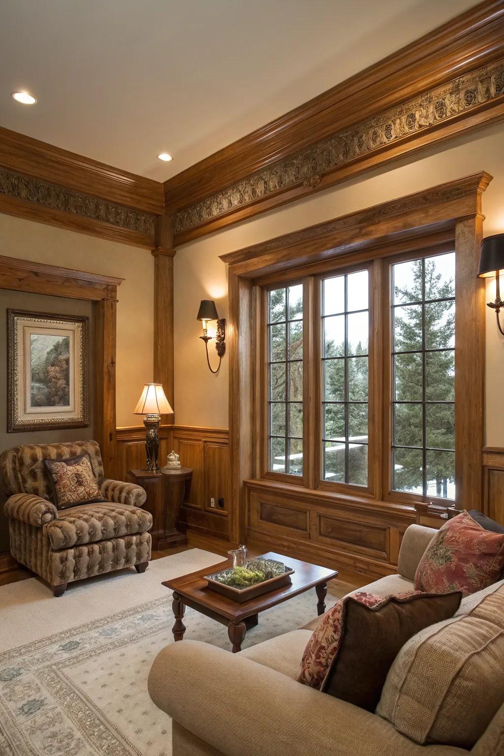 Top trim imparts sophistication to country fir framing.