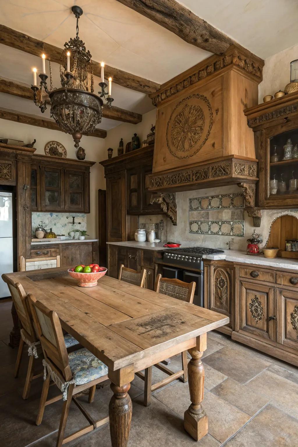 Detailed wood carvings enrich this kitchen with sophistication.