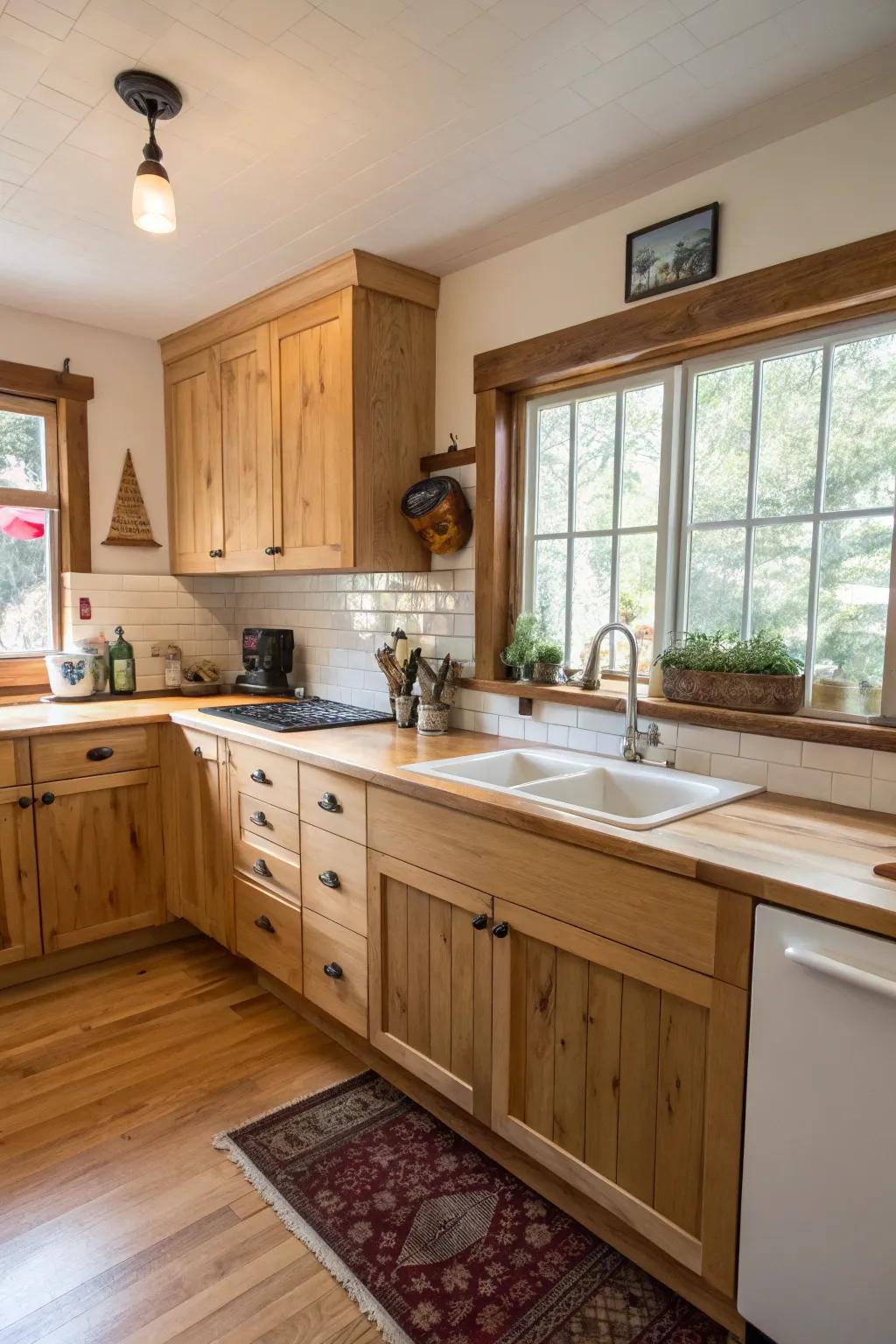 Butcher block worktops add warmth and practicality to the kitchen.