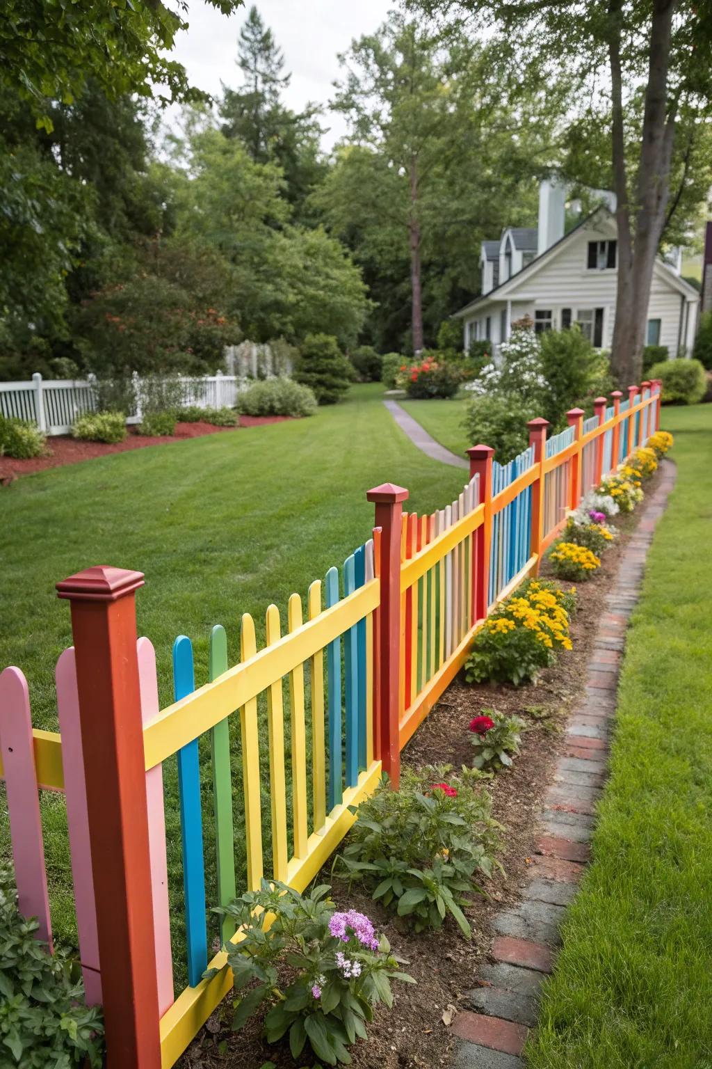 A colorful painted rail fence adds a modern twist to a rustic yard.