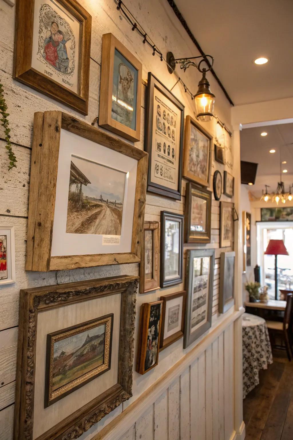 A country gallery wall featuring a blend of timber frames and timeworn artwork.