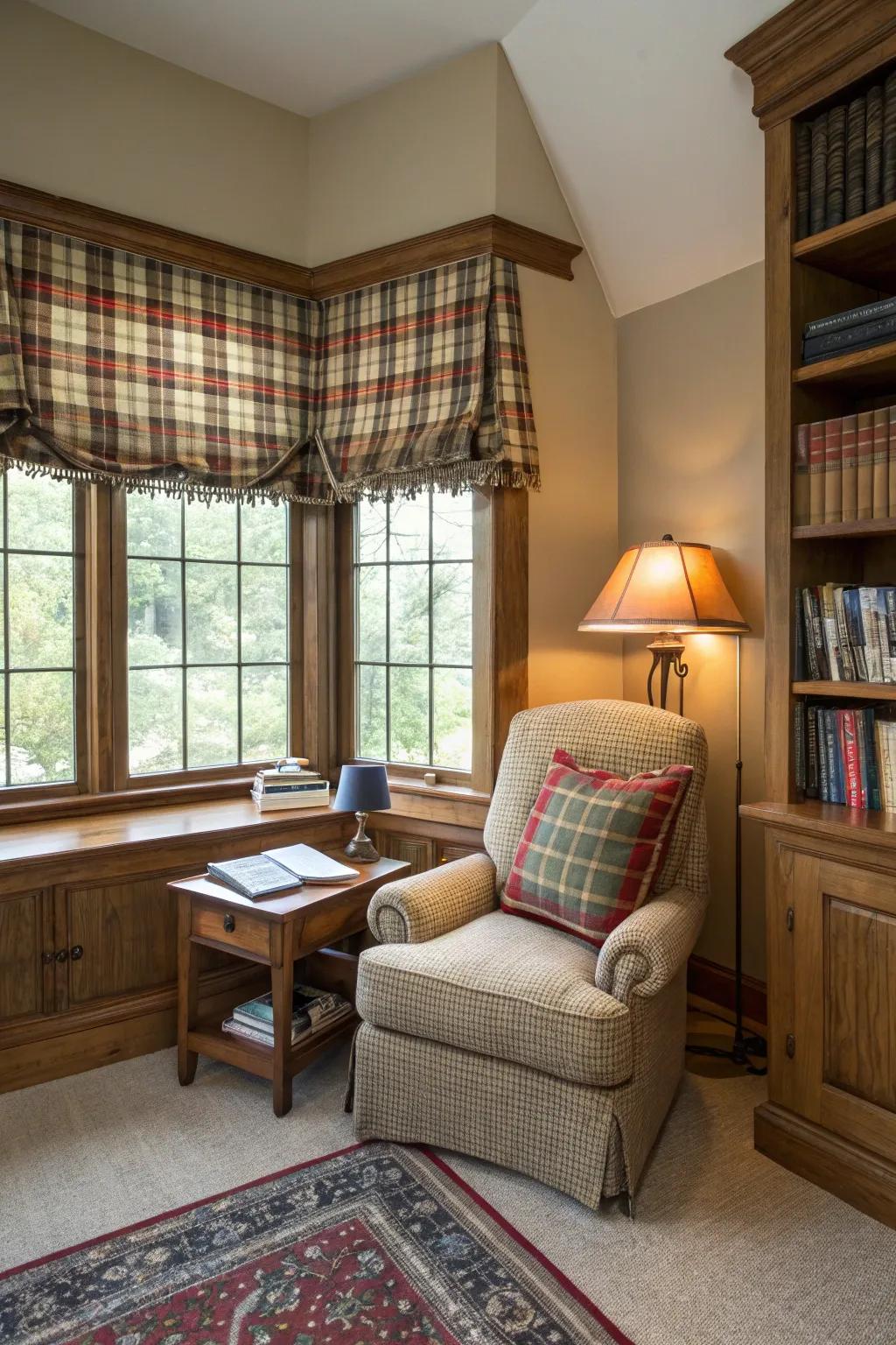 A snug reading spot featuring a pattern valance that adds a traditional country touch.