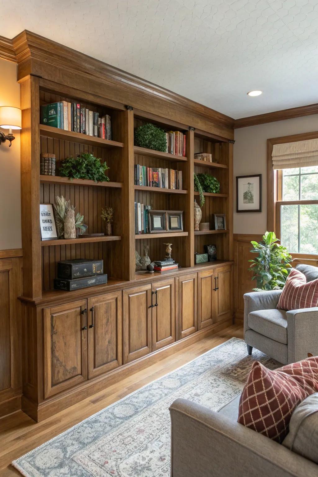 Integral shelving with paneling furnishes an aesthetic and utilitarian attribute.