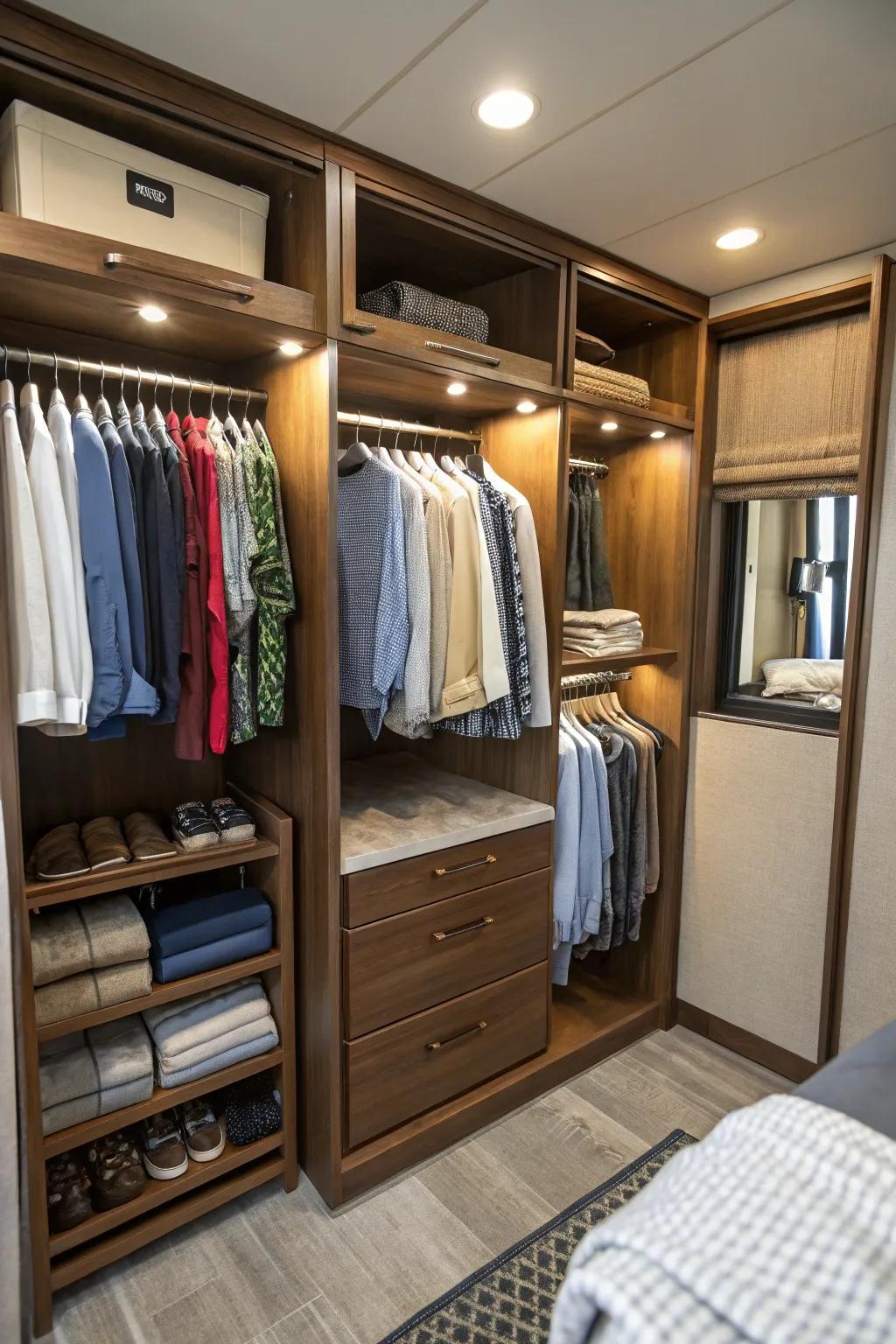Platform separators help maintain a neat and arranged RV closet.
