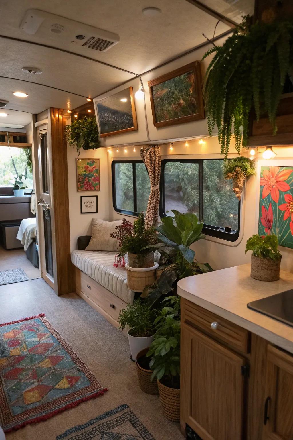 Personal flourishes serve to augment the perception of domesticity within this recreational vehicle.