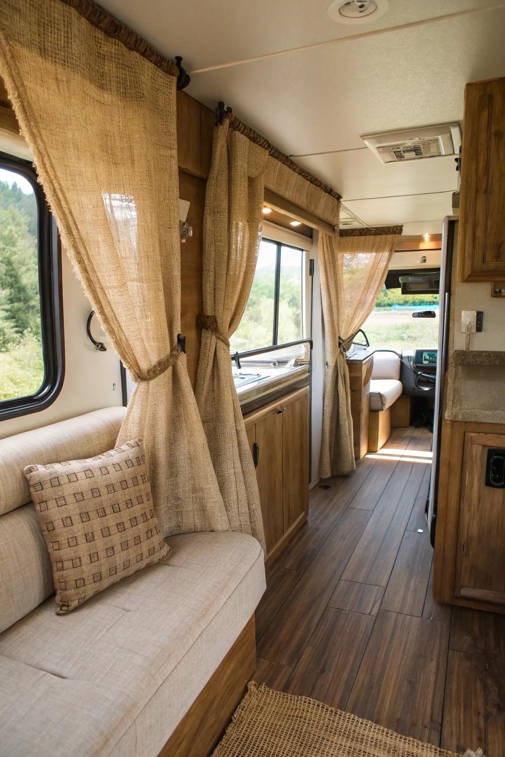 Add rustic elegance to your RV with burlap curtains.