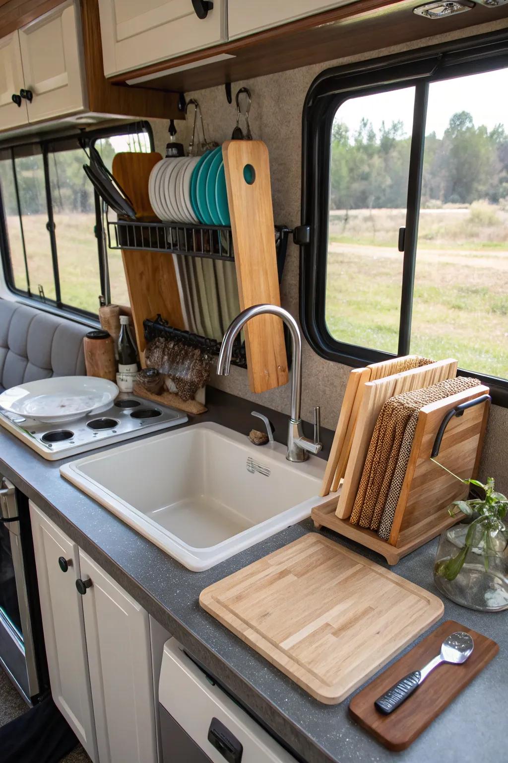A work station basin in an RV for efficient multi-tasking.