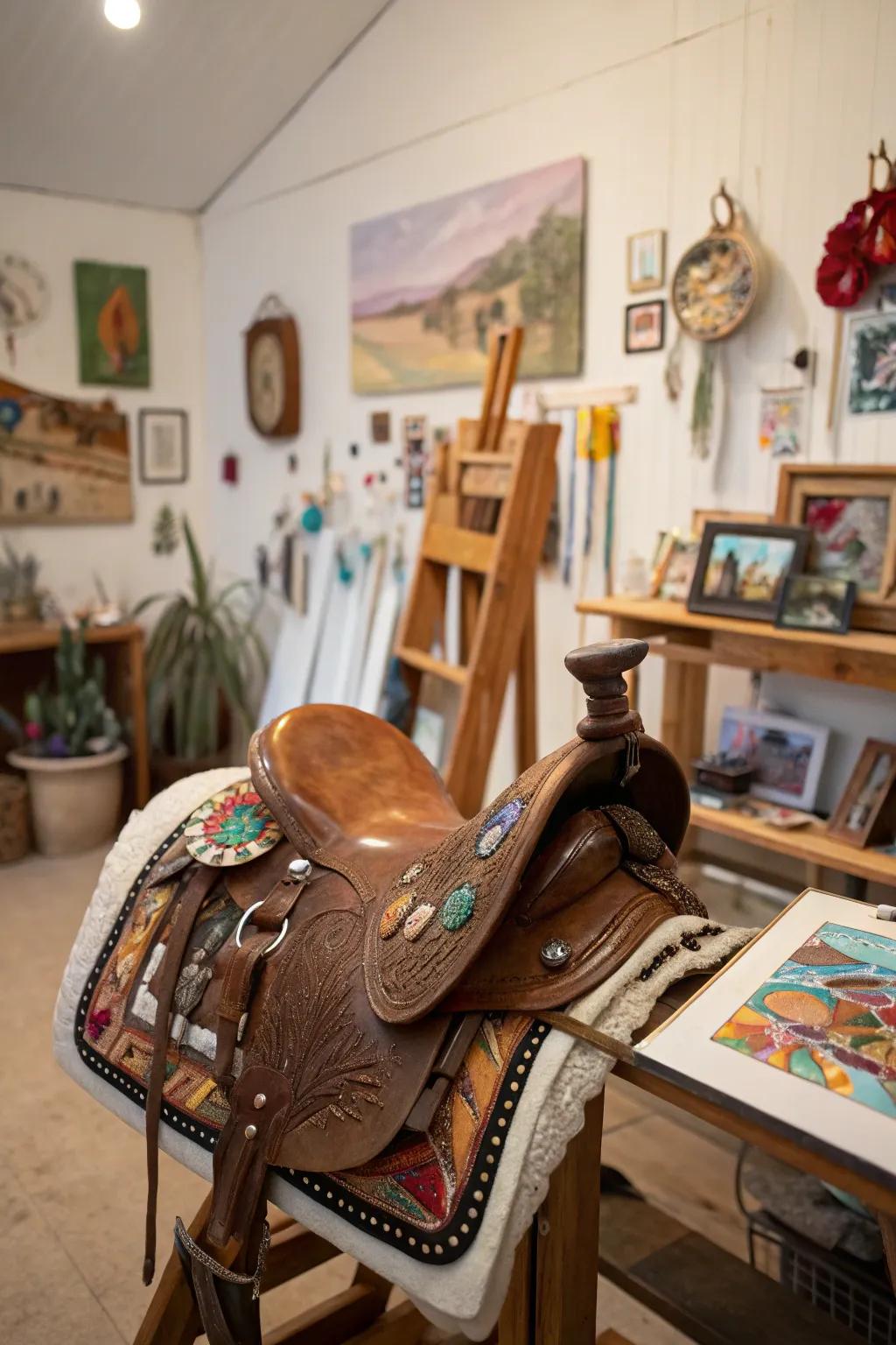 An equine seat transformed into an artistic centerpiece inside this creative studio space.