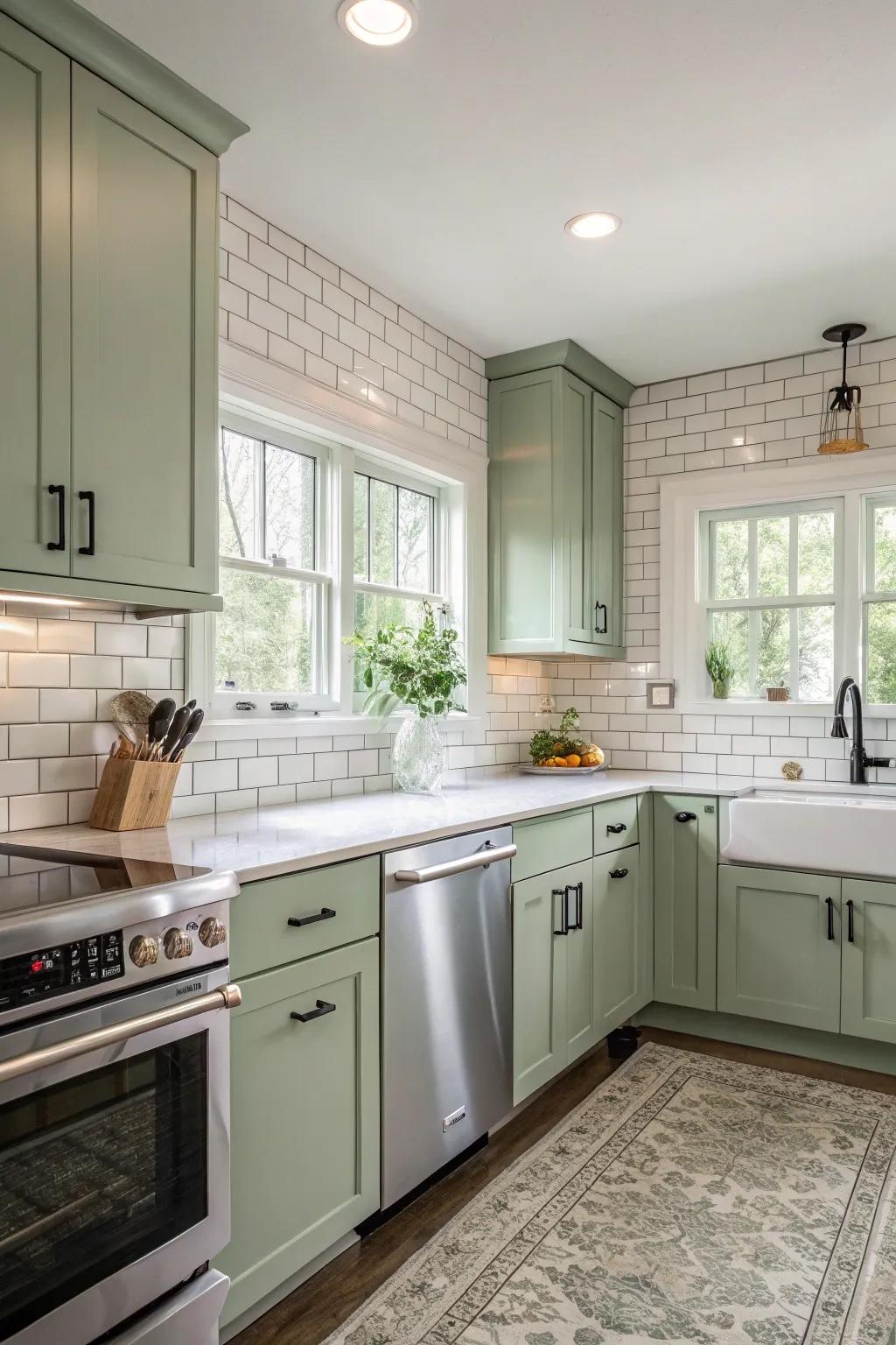 A porcelain brick paneling adds understated texture and contrast.