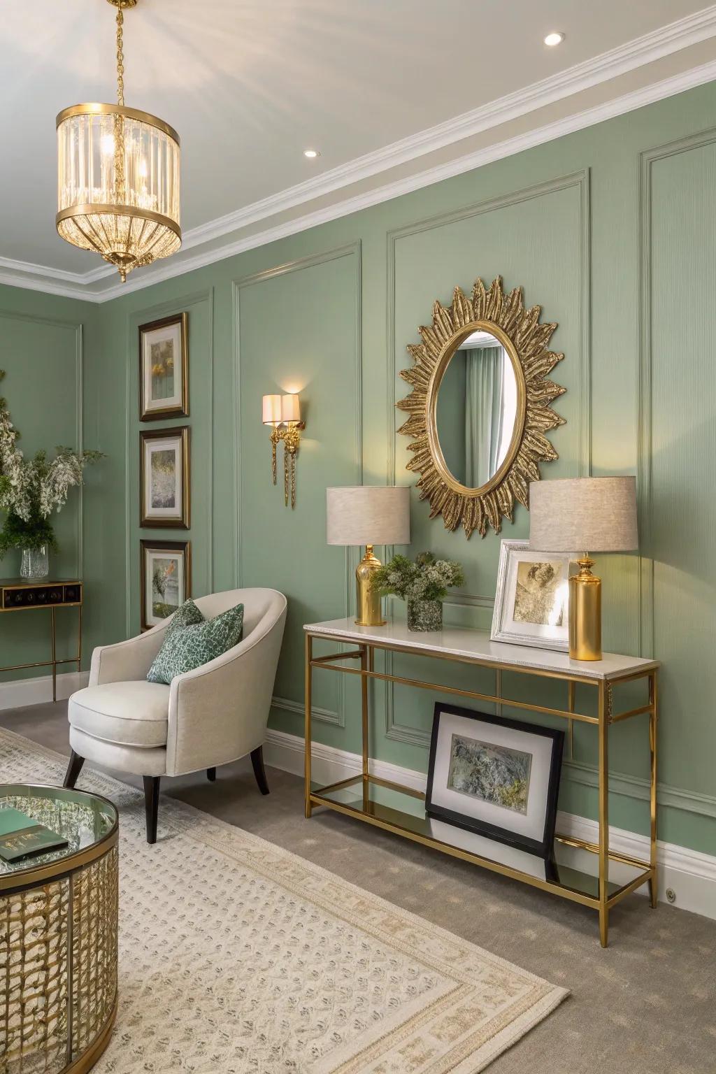 A refined parlor intermixing misty green with gold accents.