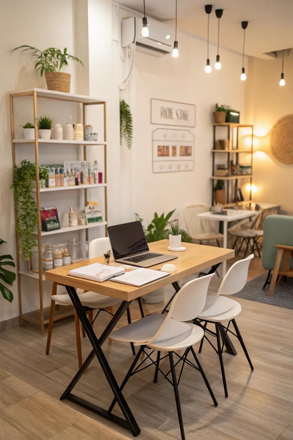 A multi-purpose work area accommodates various needs and preferences.