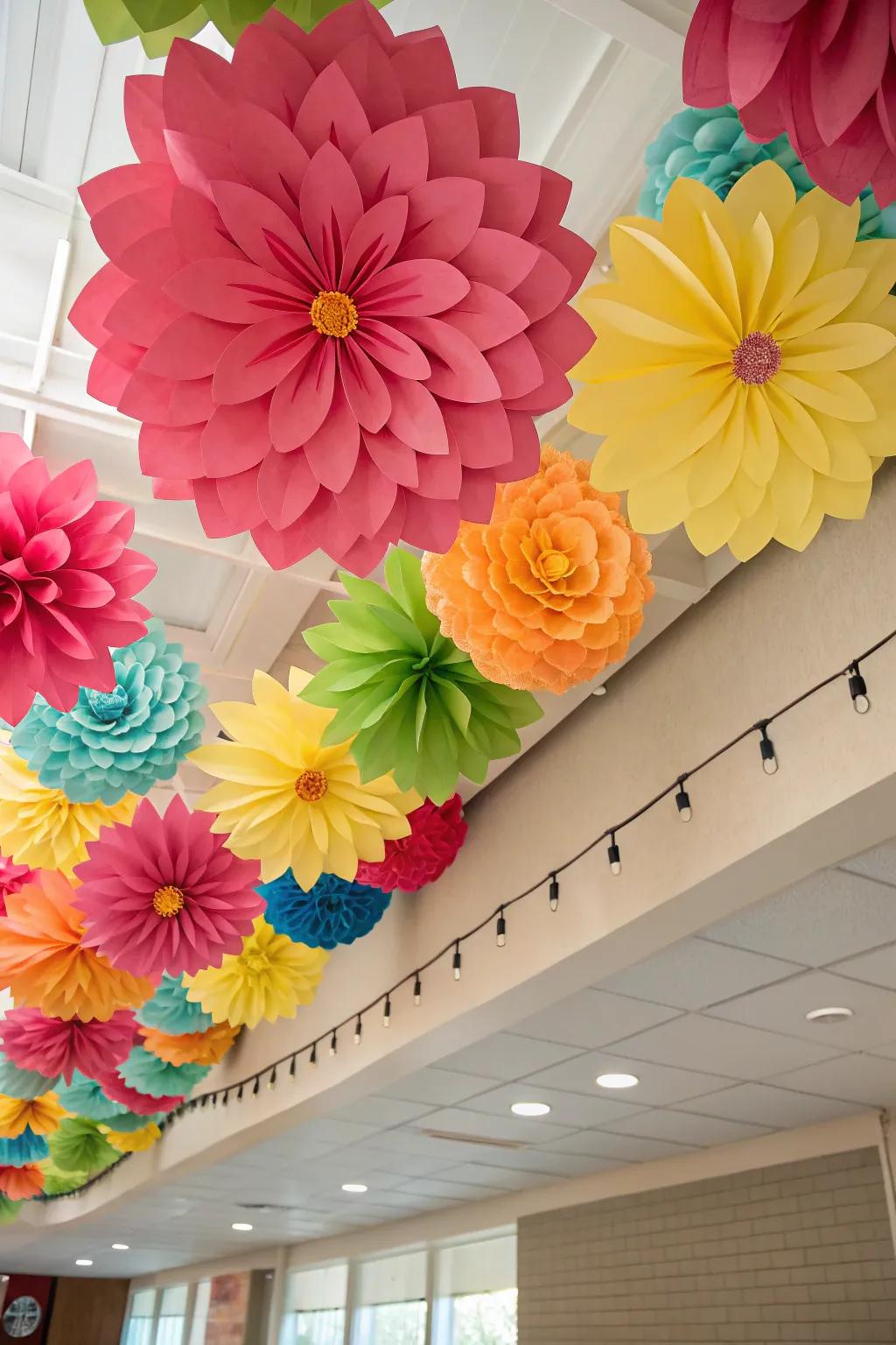 A whimsical ceiling adorned with paper blossoms.