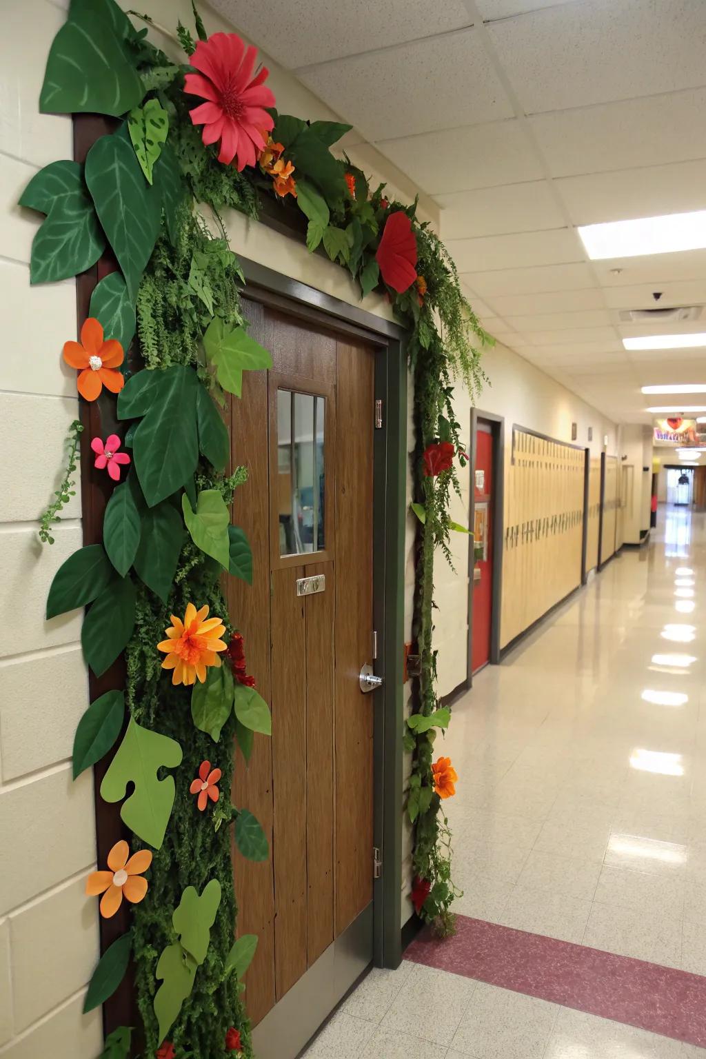 A nature-inspired school clinic door featuring greenery and blooms.