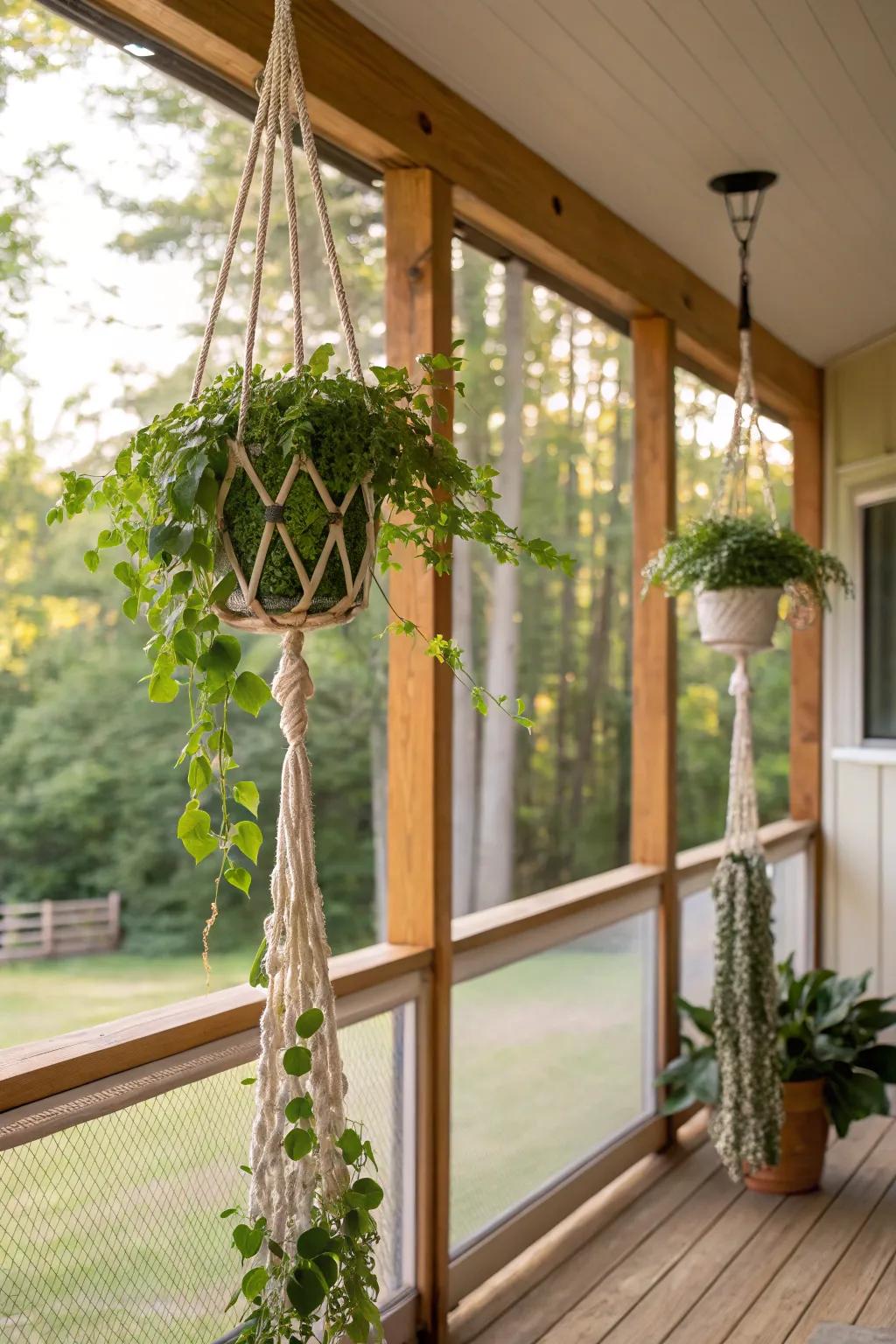 DIY fiber art seedling suspensions add a bohemian vibe to the porch.