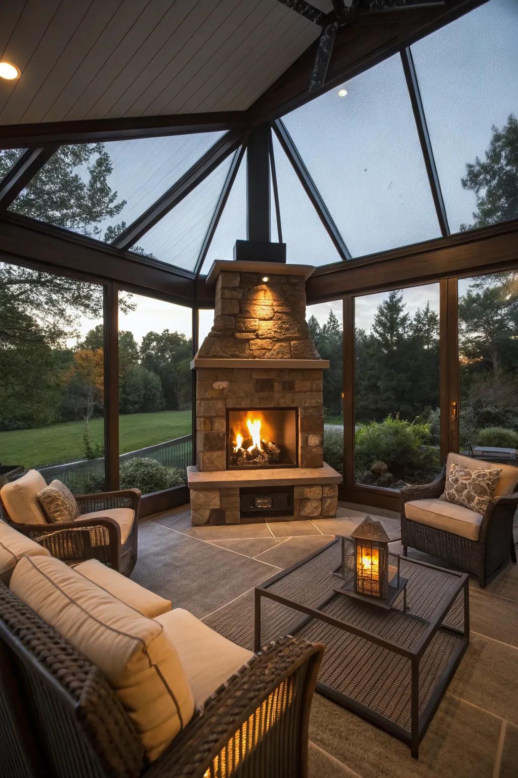 An inviting fireplace in a lanai setting.