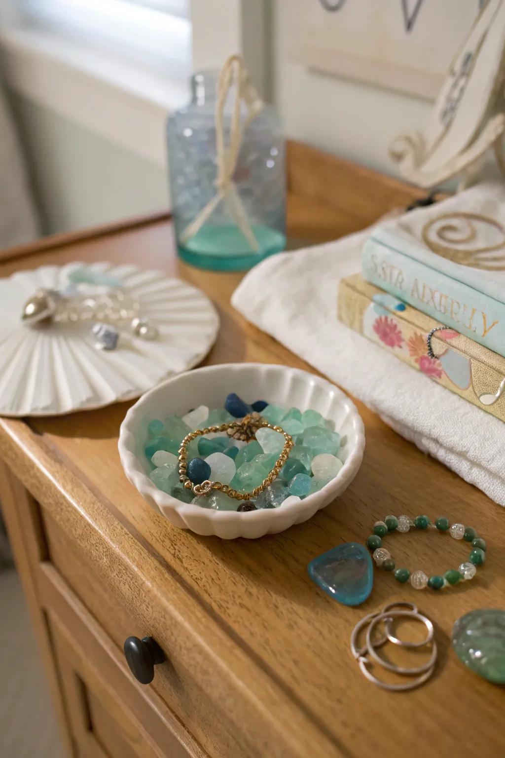 Sea glass jewelry dishes combine function with style.