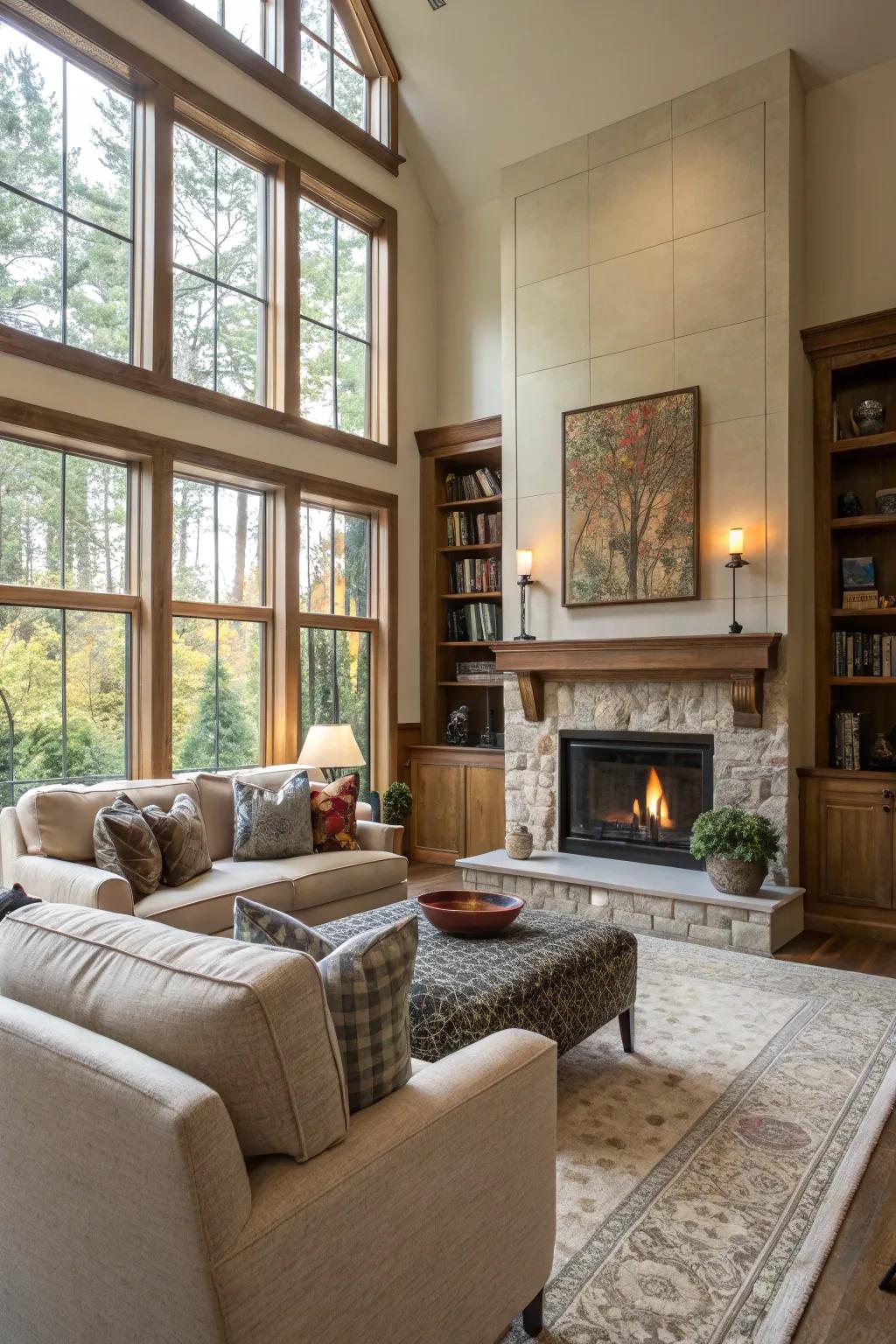 Sunlight enhances the warmth and ambiance of the fireplace zone.