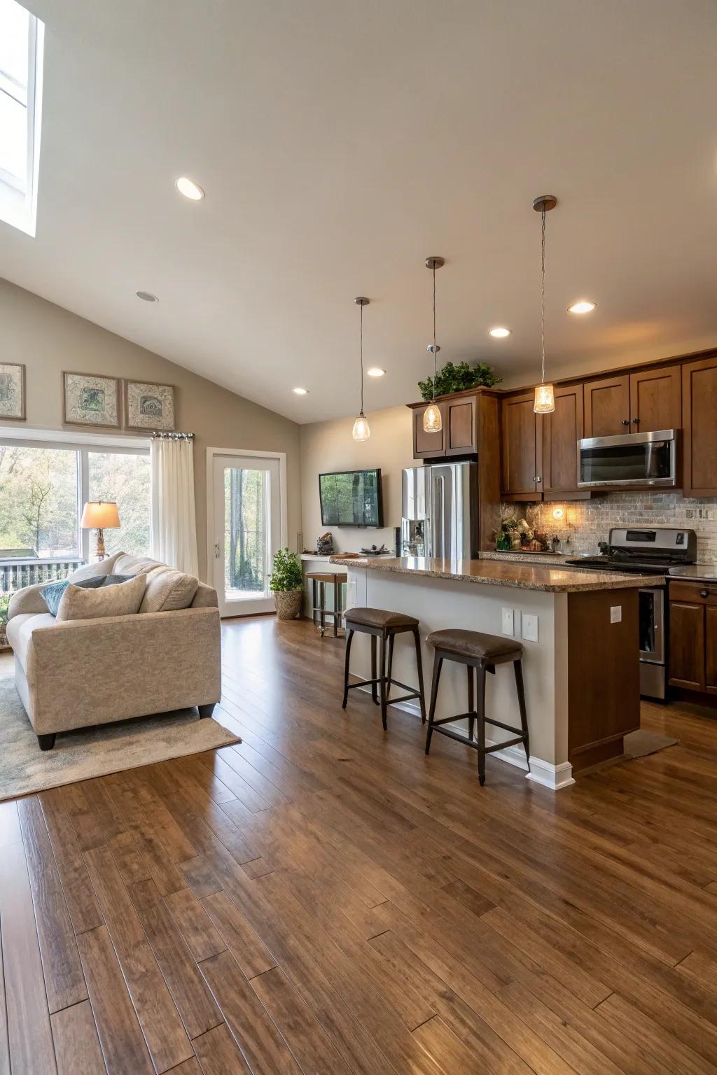 Consistent flooring provides a seamless transition between spaces.