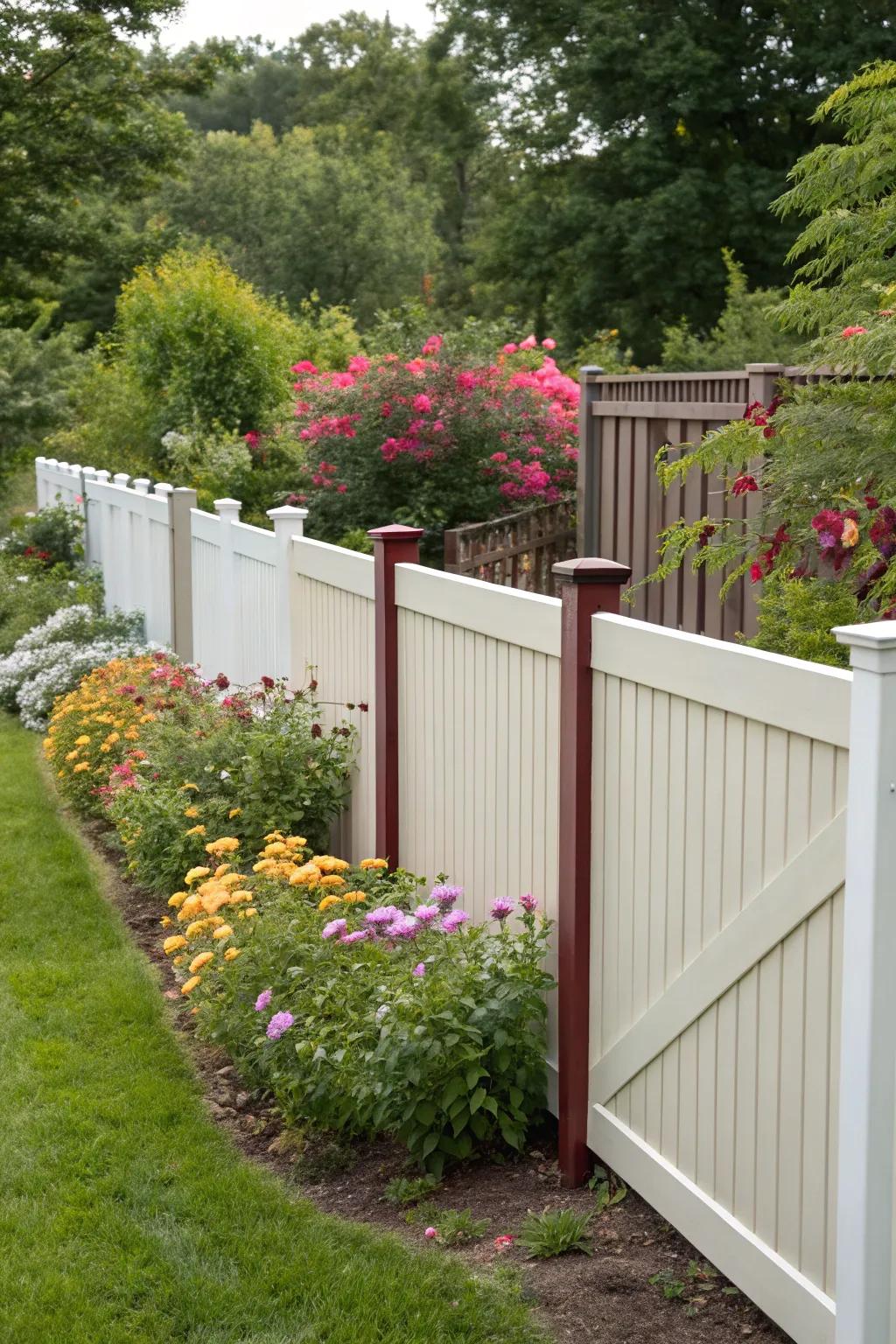 Dual-tone fencing establishes visual intrigue and depth within this vibrant garden environment.