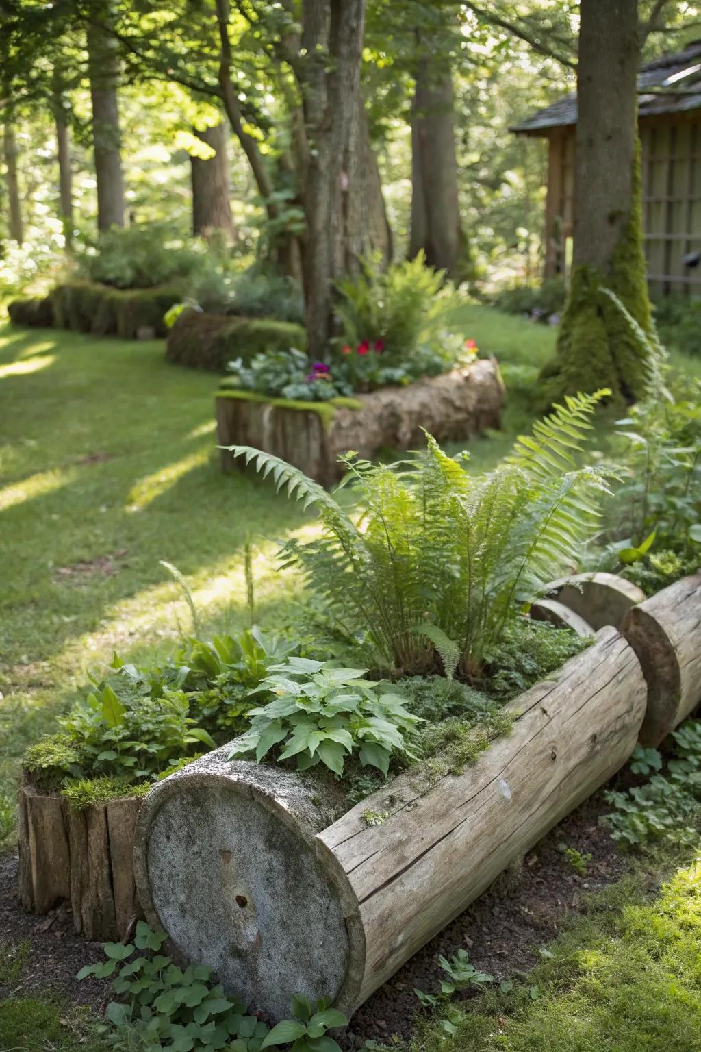 A shaded garden featuring wood planters filled with ferns and woodland species.
