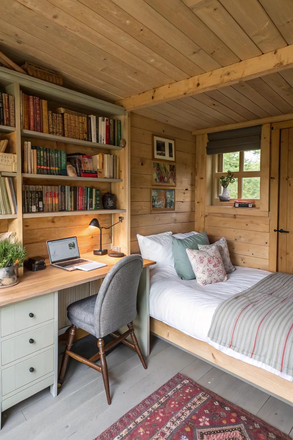 A multifunctional shed integrates a sleeping area with a practical workspace.