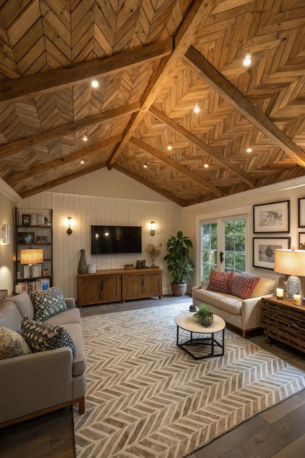 A herringbone patterned shed ceiling crafting a visual statement.