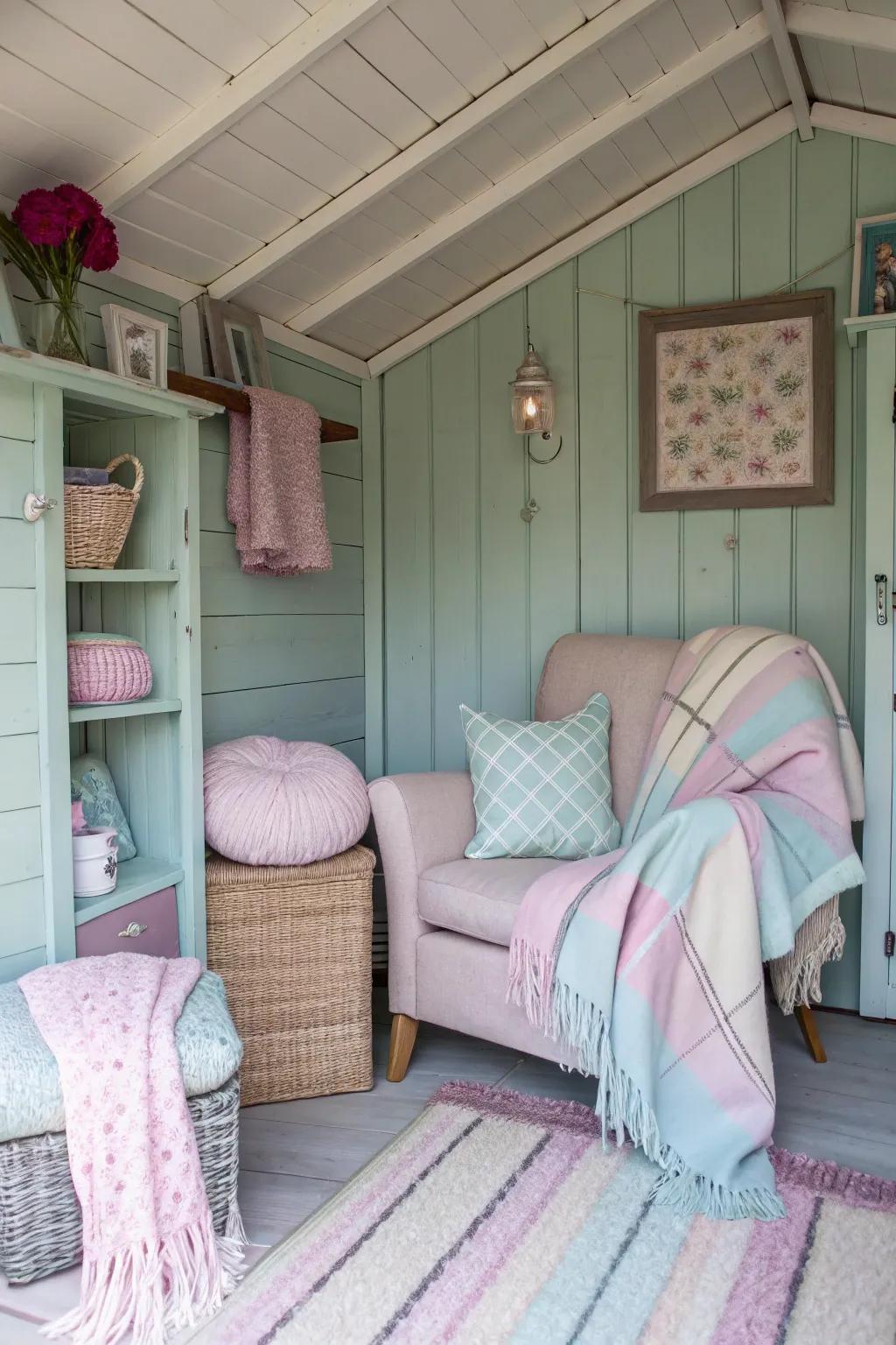 A restful haven featuring soft textiles and calming hues within an outbuilding.