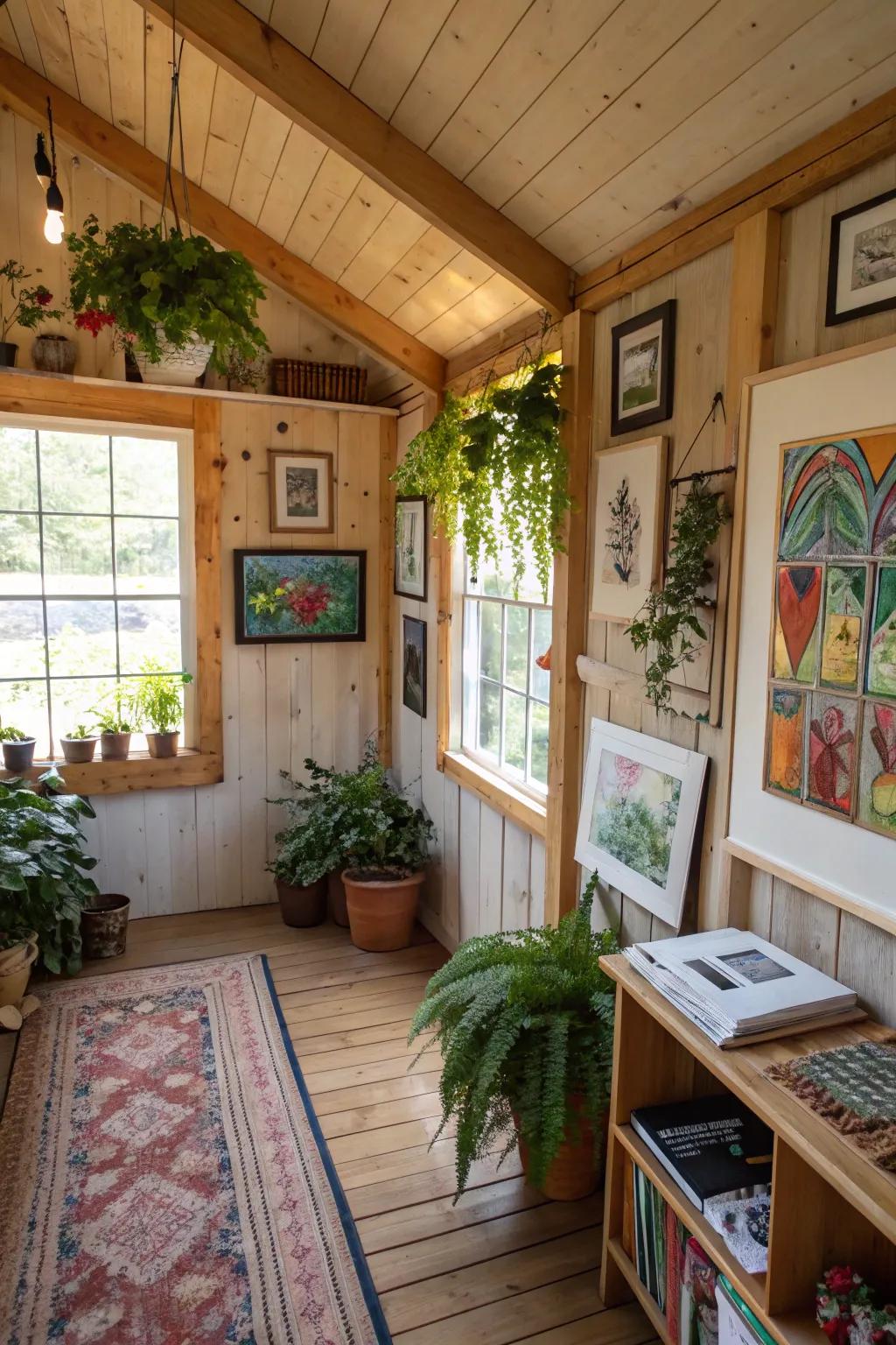 A shed dwelling adorned with art pieces and interior flora for an individual touch.