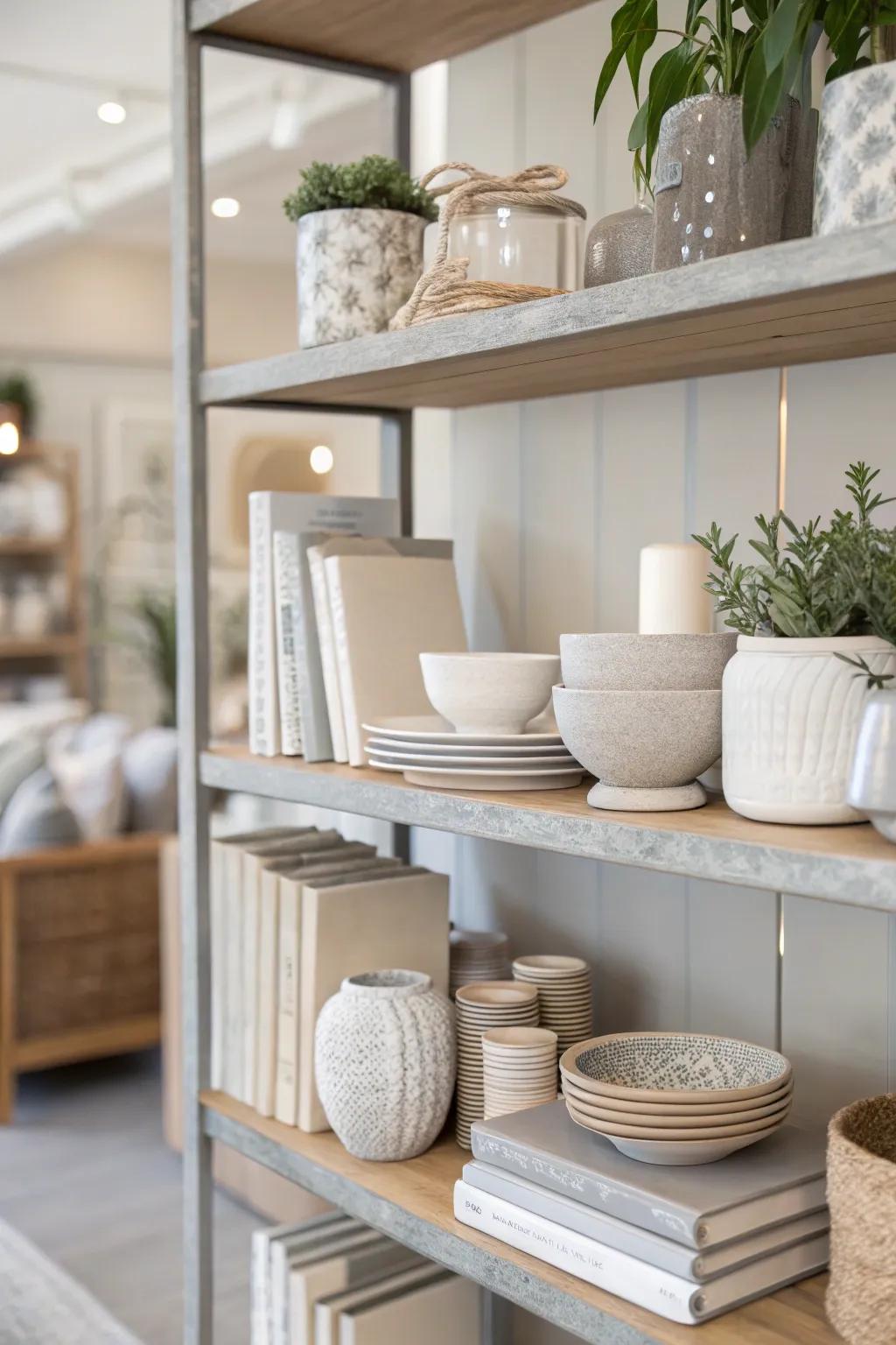 Calm tones create a smooth and timeless shelf decor.