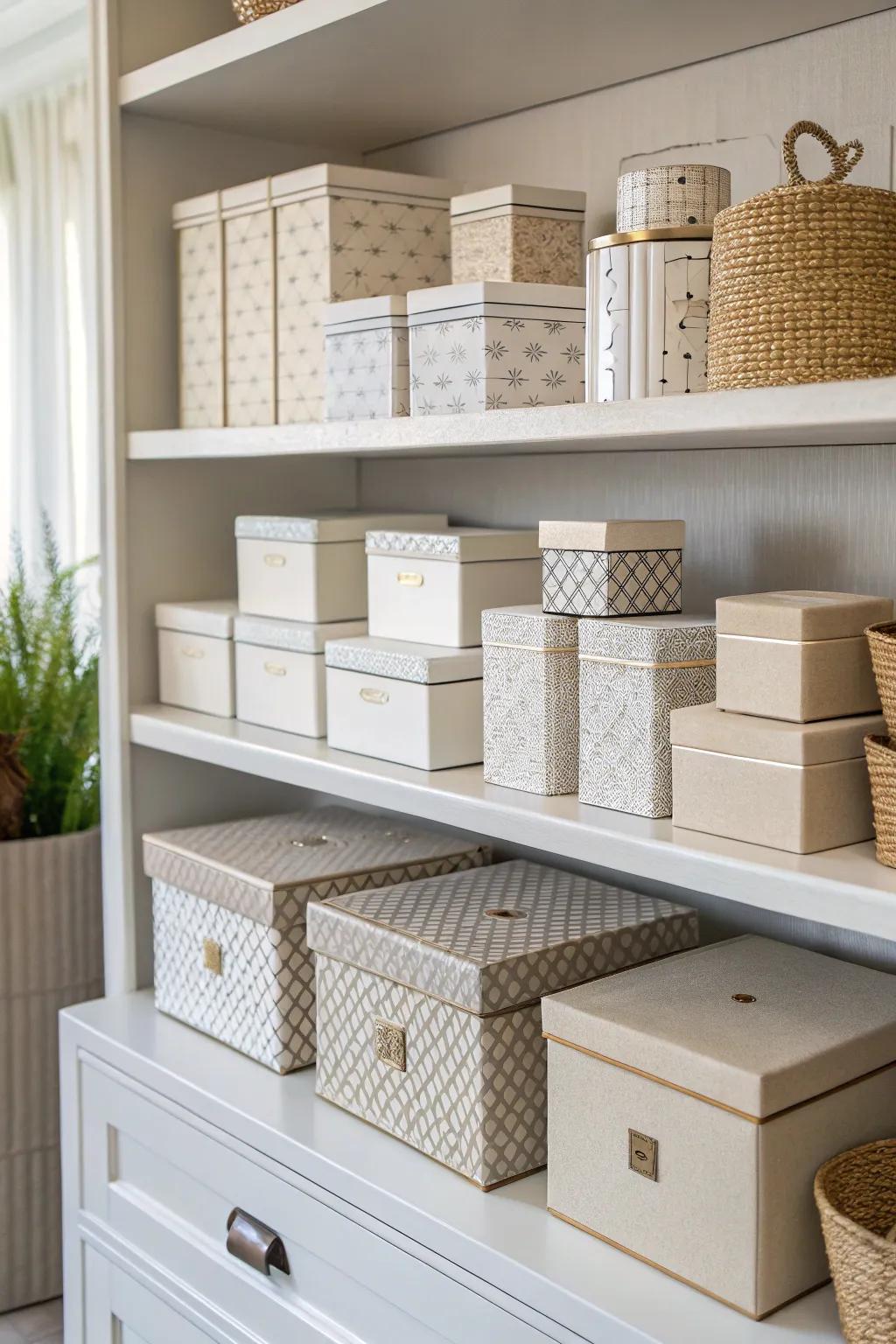 Fancy boxes incorporate fashion and storage to any shelf.