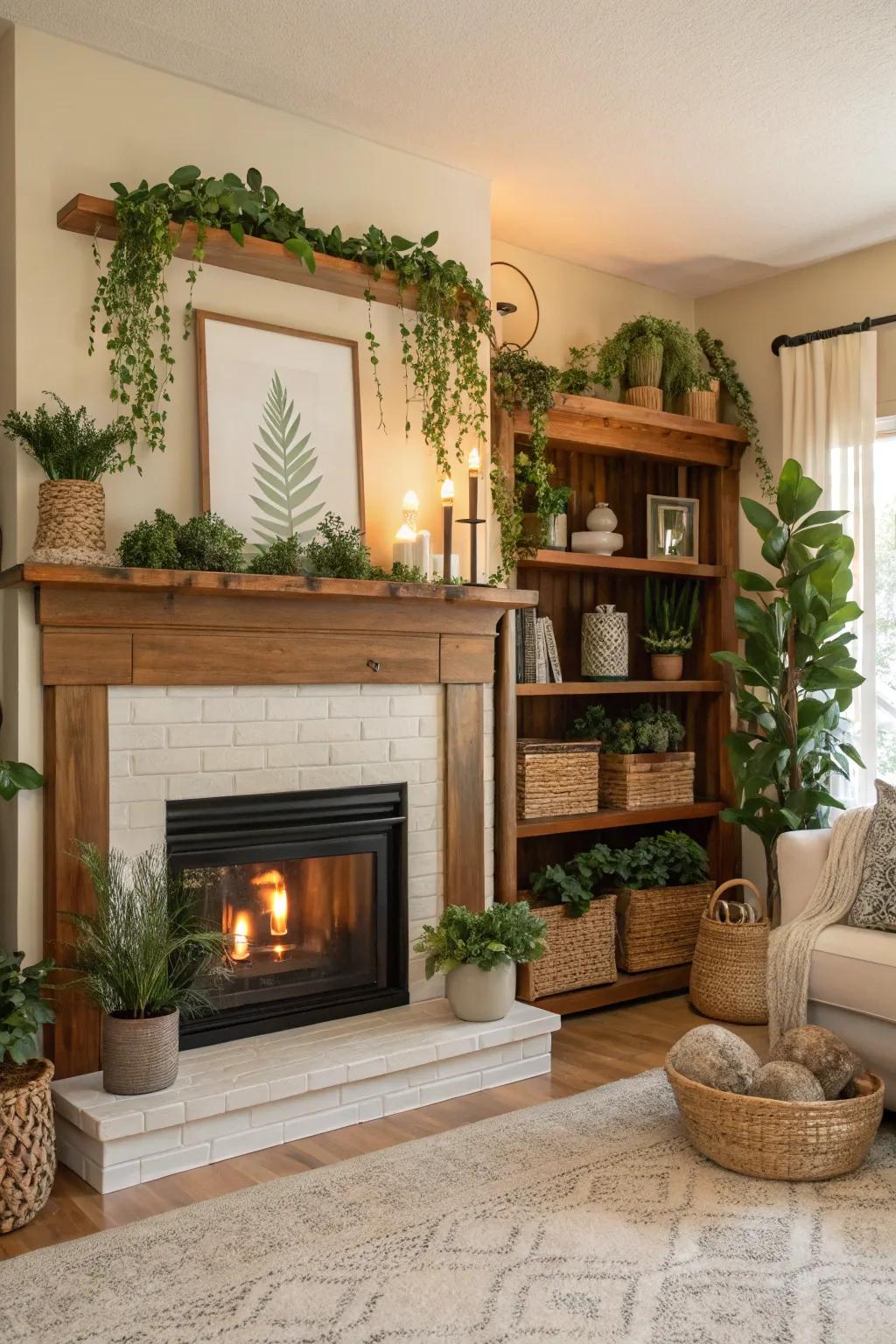 Plants and natural decor add a refreshing touch to the shelves.