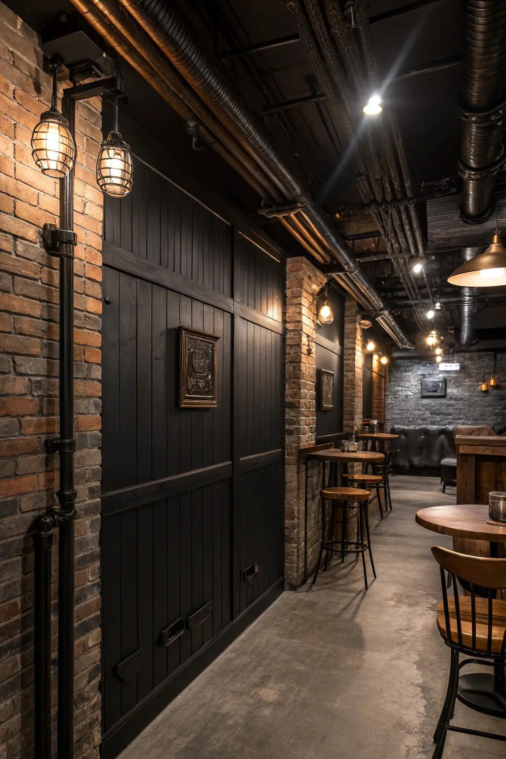 An industrial chic basement featuring dark board and batten walls.