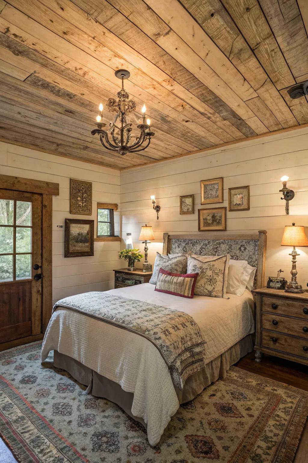 A countryside and sustainable ceiling crafted from repurposed wood planks.