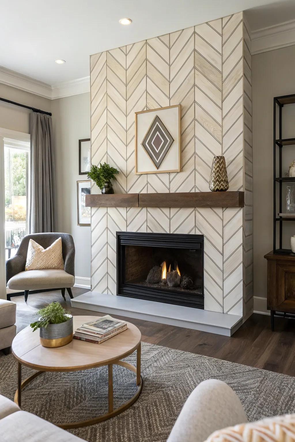 Geometric-patterned shiplap infuses elegance and motion to the fireplace.