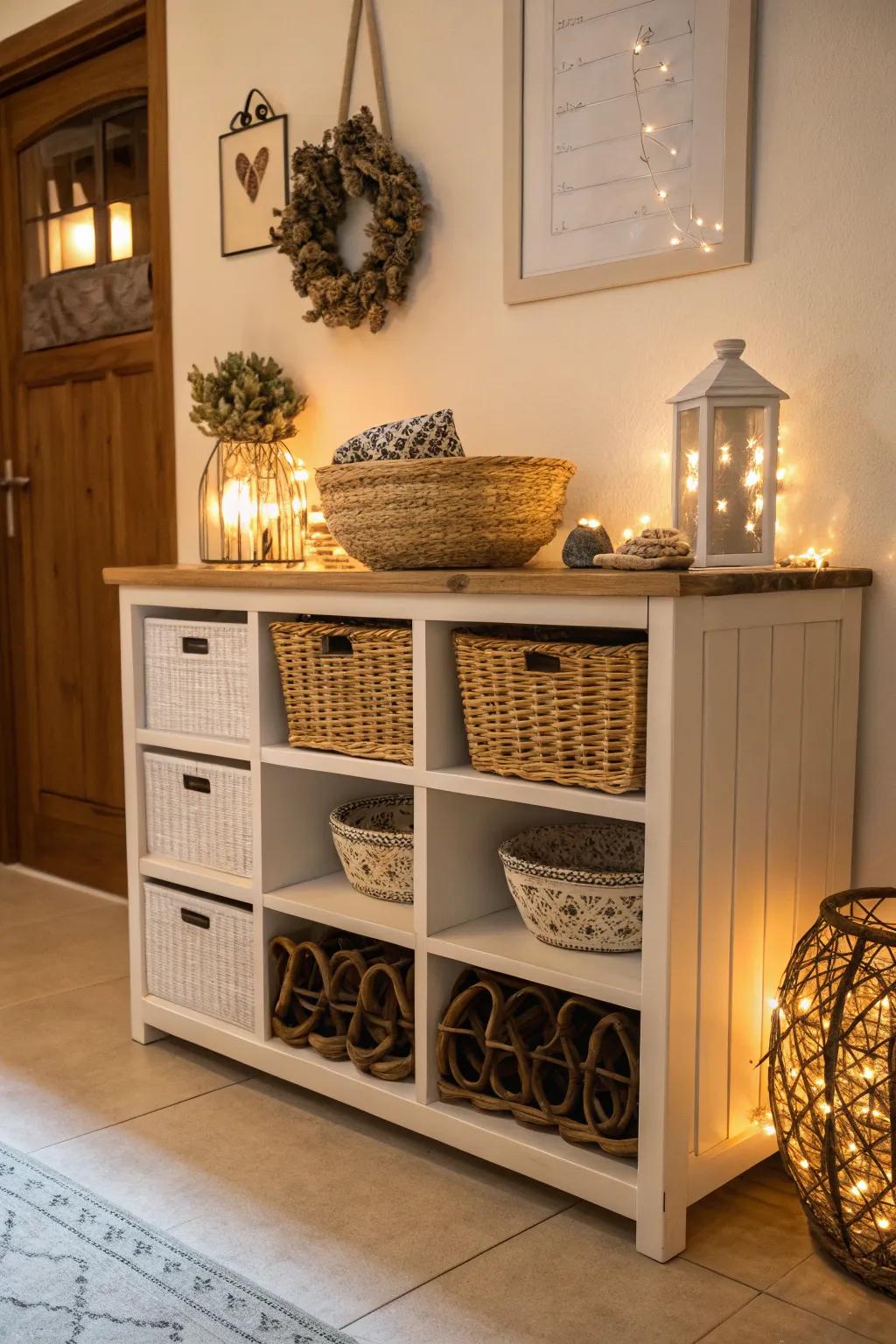 A shoe cabinet decorated with personal items.