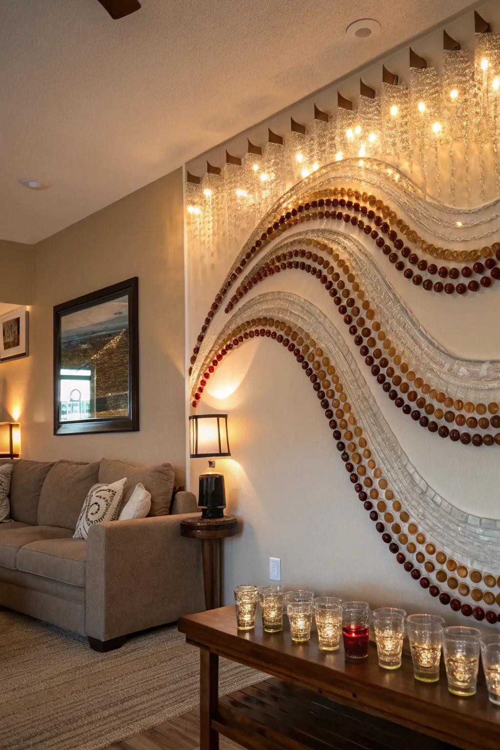 An artistic undulating pattern of commemorative glasses presented upon a lounge partition.