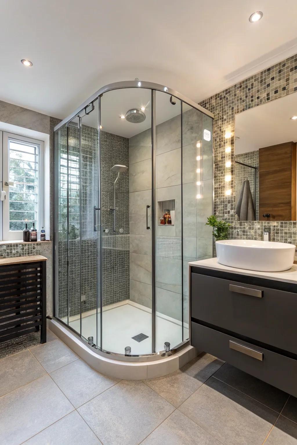 Fluidity and sophistication are brought to this bathroom by a curved glass enclosure.