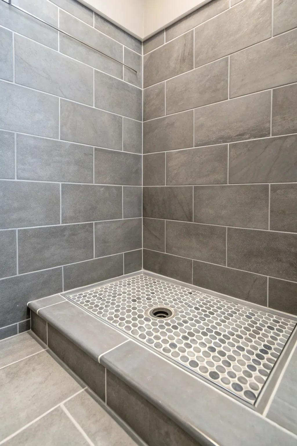 Generous gray tiles on a shower base provide a uniform and up-to-date visual.