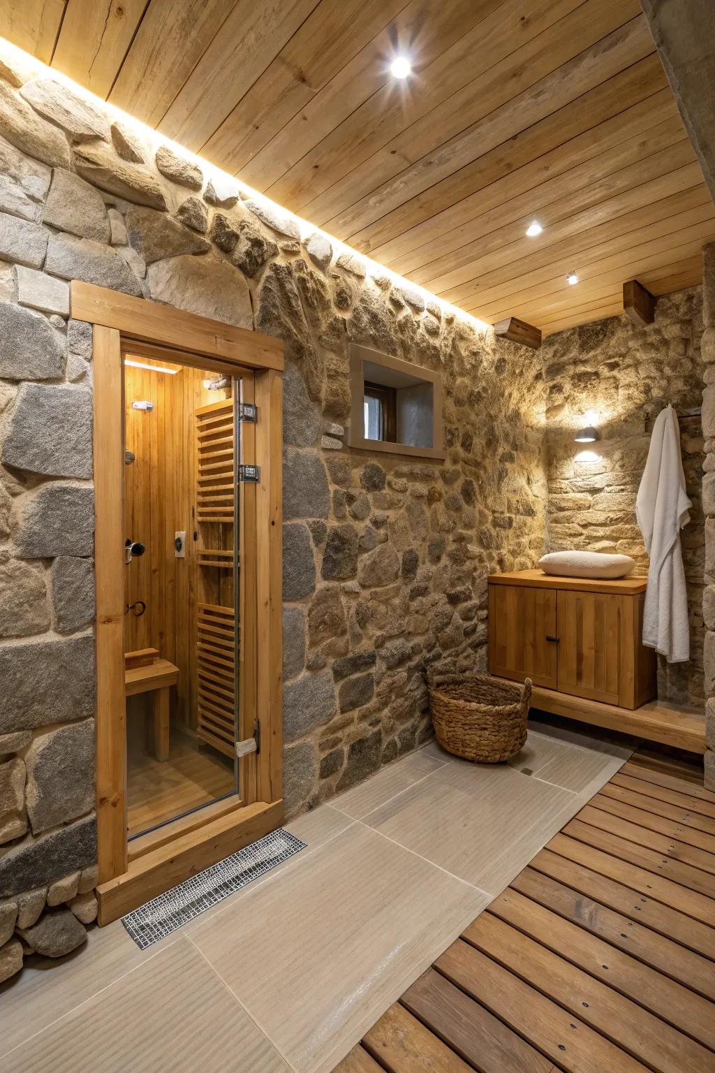 A warm and welcoming shower room featuring natural elements.