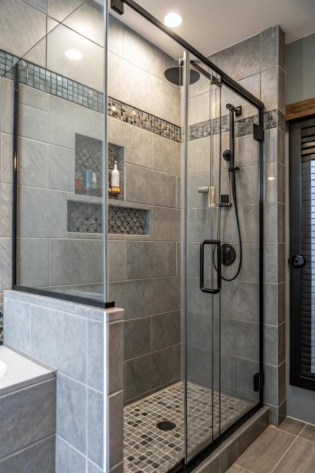 Blending textures to attain an energetic pewter tone tiled bathing space.