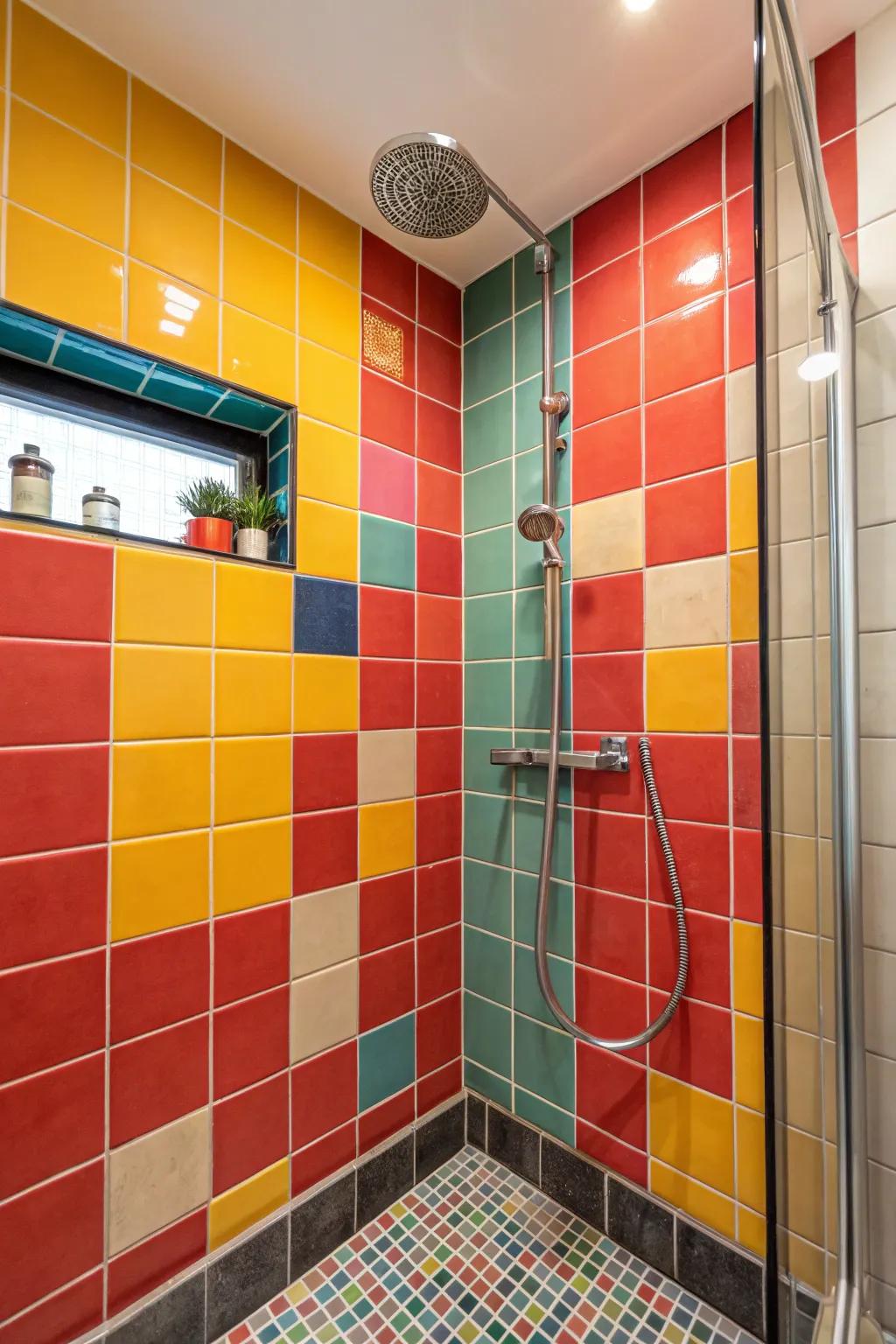 Intense hues in accent tiles infuse vibrancy and unique style into the shower.