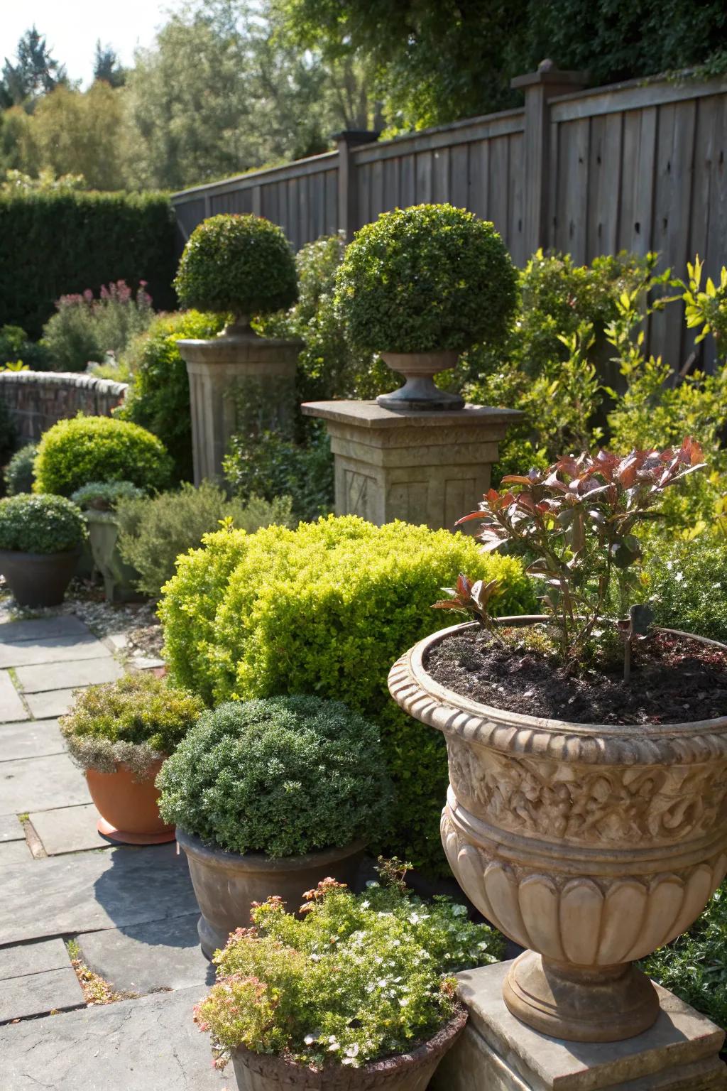 An array of creative containers adds dimension and interest to the garden.