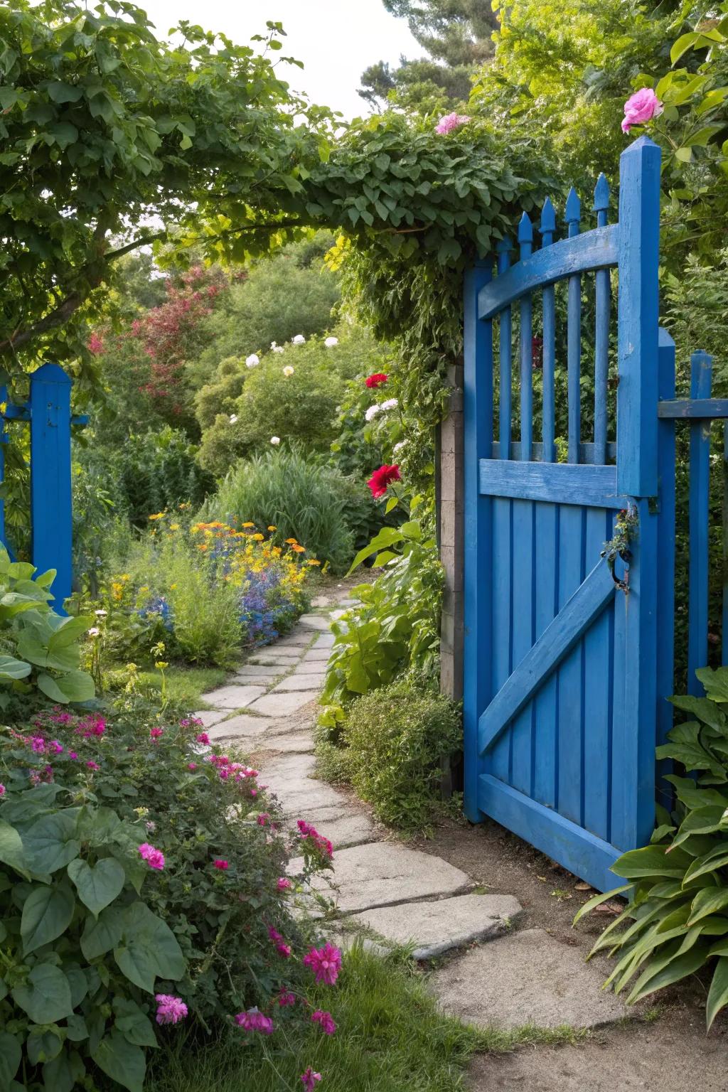 A vibrant gate infusing a playful note into the garden.