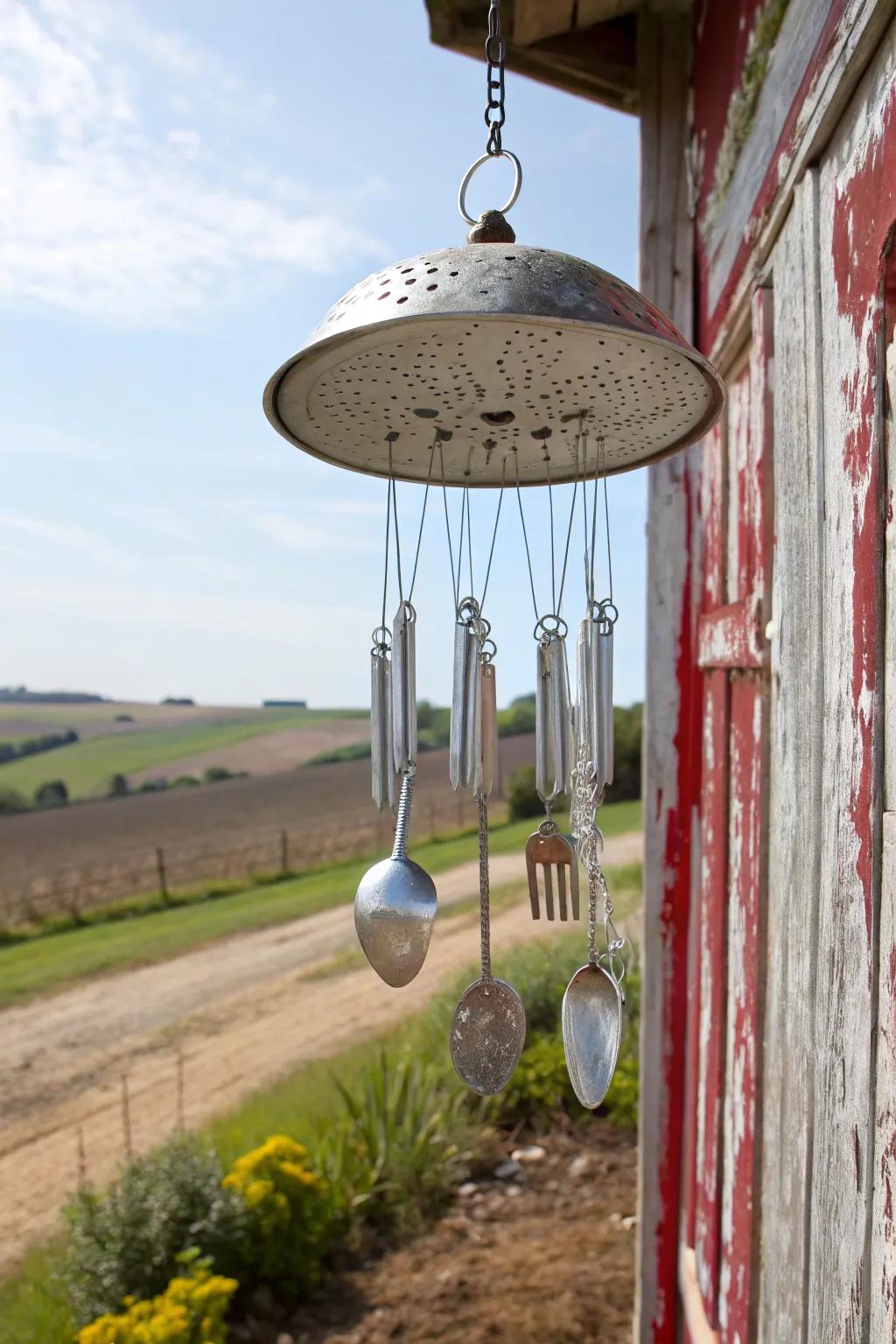 A strainer adds a rustic vibe to this silverware wind chime.