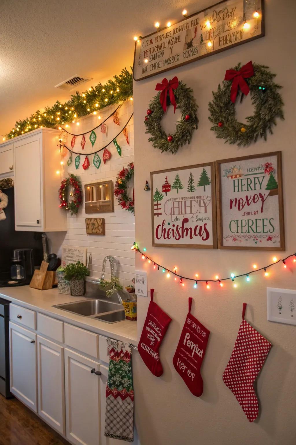 Holiday signs create a festive focal point.