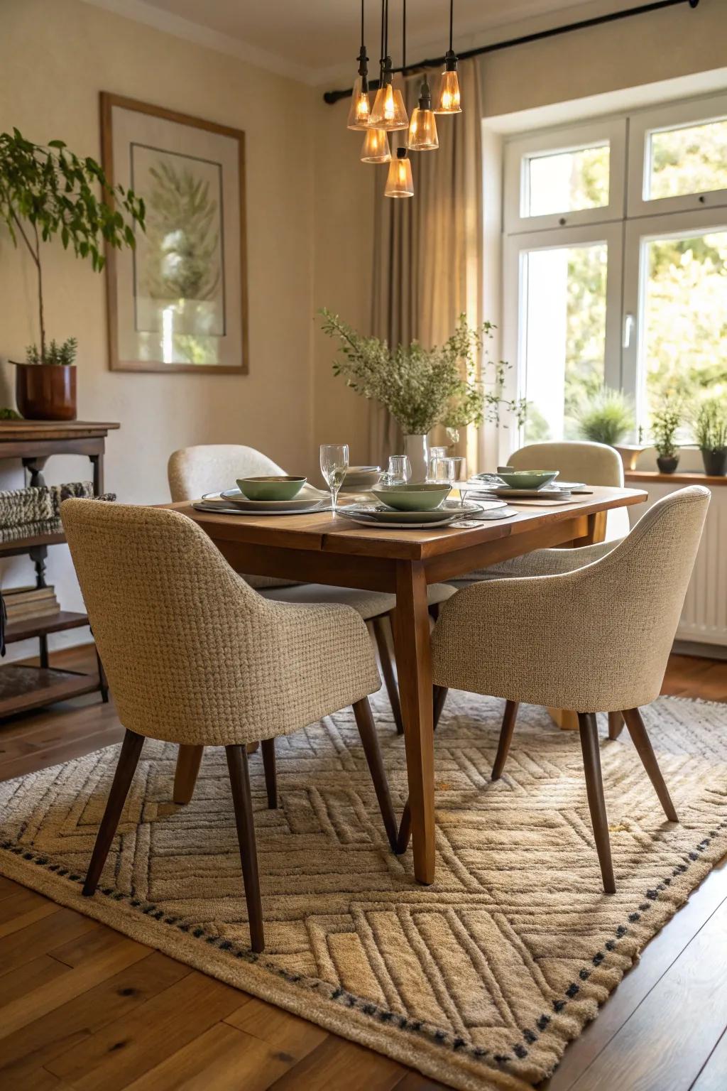 Superimposed textures deliver warmth and depth to the eating zone.