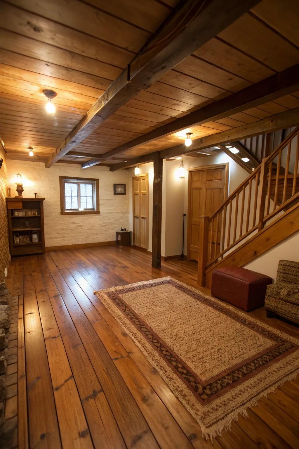 Warm tone flooring adds comfort and charm to your basement.